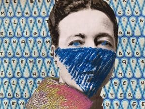 Collage du visage d'une dame avec un triangle bleu et des lettres en fond